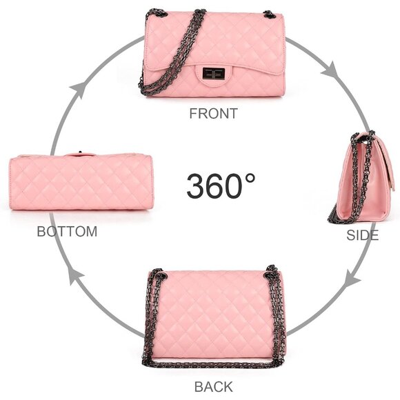 Women Pink PU Quilted Stylish Crossbody Bag with Chain Strap & Flap Closure - Picture 6 of 6